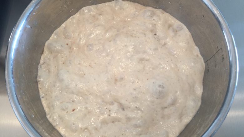 全麦欧包,将中种面团的材料放入盆中,揉至无干粉后盖上保鲜膜,室温25度左右发酵16小时