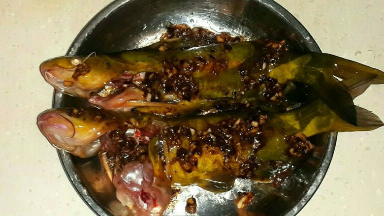 豆鼓蒸黄骨鱼,将调好味的豆鼓酱抹在鱼上