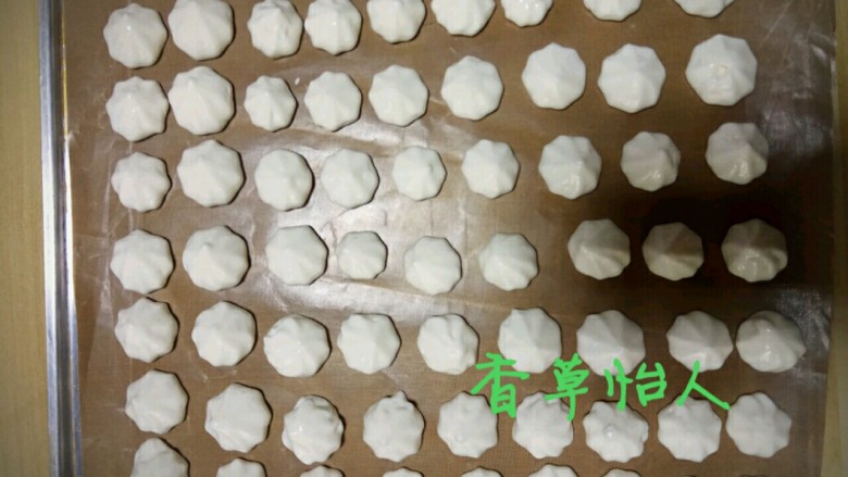 完胜旺旺奶豆的酸奶溶豆宝宝新辅食~香草怡人,像这样挤在烤盘上,烤盘上垫层油布,烤箱温度是100度,烤一个小时