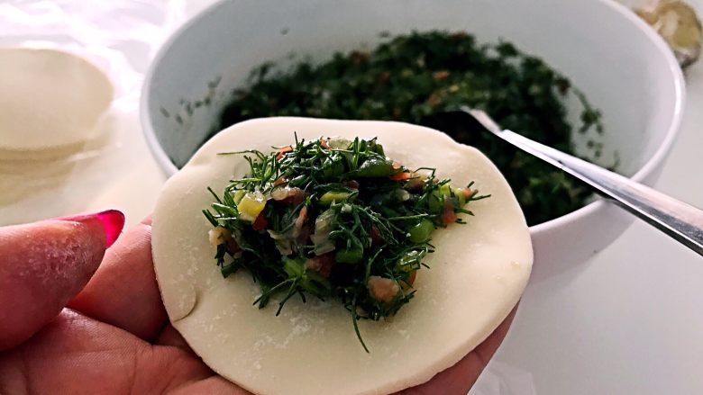 茴香饺子,最美的遇见,<a style='color:red;display:inline-block;' href='/shicai/ 4346'>饺子皮</a>中间放入适量馅。