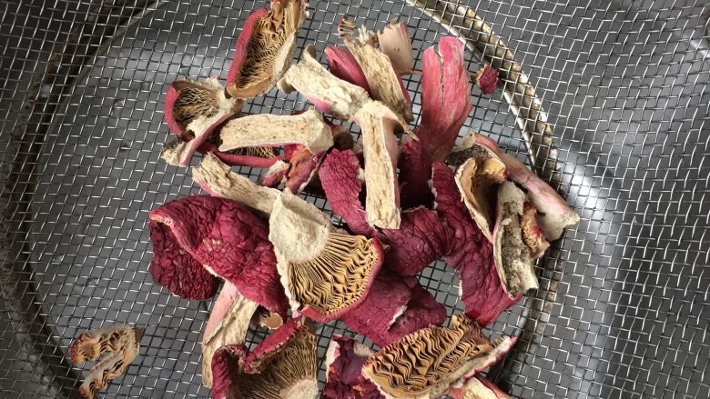 红菌肉片汤,把处理好的红菌干扯碎！然后冲洗，冲一下沙尘就好，不用泡，洗太久或泡了煮出来的汤会不红的！