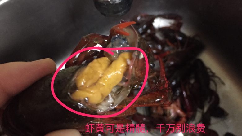 吮指蒜蓉小龙虾,剪下头就看到黄了!别丢啊!!!!别丢啊!!别丢啊!!!!把黑黑的胃袋剪掉丢掉就行了,肥美的大只的,你们剪的位置如果剪到黄了就稍微改变一下,自行判断!