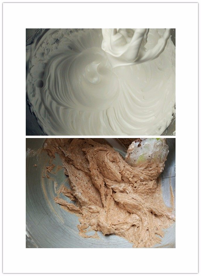 巧克力磅蛋糕,打发至介于湿性发泡和干性发泡中间的状态,取1/3蛋白加入蛋黄糊,用刮刀切拌均匀,筛入粉类,翻拌拌匀