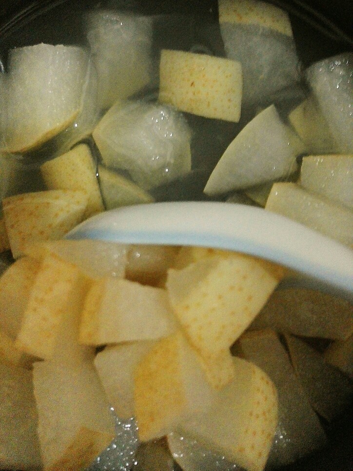 冰糖雪梨,大火煮开，搅拌一下，再转到小火，炖10分钟左右。
