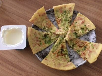 鸡蛋青菜饼,搭配喜欢的辣酱或者番茄酱沾着吃，美好的一天开始了……