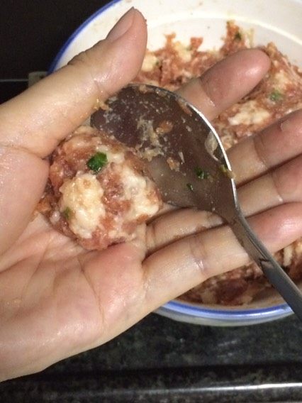 木耳肉丸鸡汤,加少量香葱调和均匀,用勺取适量肉泥做成丸子备用……