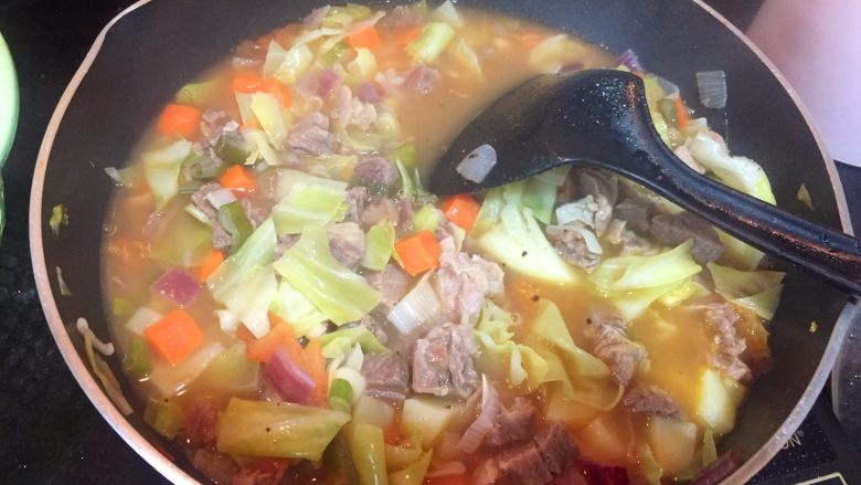 家庭版罗宋汤,加入清水或者高汤，放盐适量，味极鲜少许，<a style='color:red;display:inline-block;' href='/shicai/ 699'>番茄酱</a>2-3大勺，继续焖煮牛肉至牛肉软烂（一般需要40分钟-1小时）