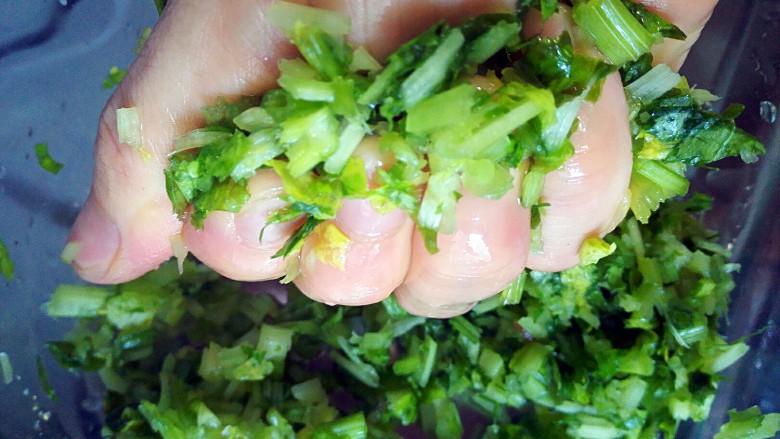 芹菜虾仁猪肉水饺+#人民的美食#,把腌制好的芹菜挤去水份，不用挤太干