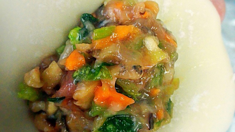 芹菜虾仁猪肉水饺+#人民的美食#,取一块饺子皮,放上馅