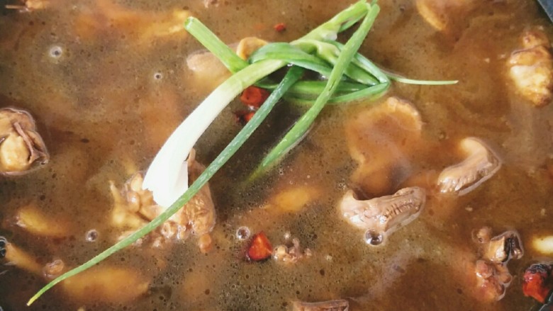 红烧小公鸡(家的味道),调味料翻炒均匀后,加入<a style='color:red;display:inline-block;' href='/shicai/ 3250'>葱</a>,和冷水,(水没过鸡肉就行)。用大火烧,烧滚后再继续大火烧10分钟。