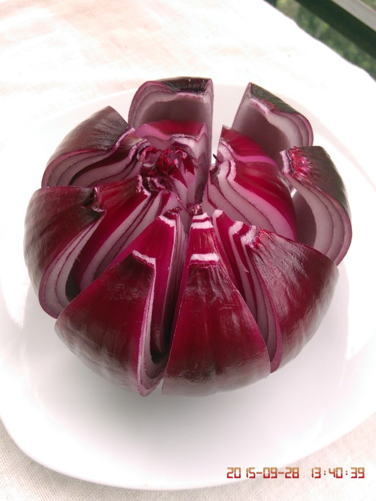 洋葱莲花,先划一个十字，换一个方向再划一个十字，共四刀，均分成八瓣