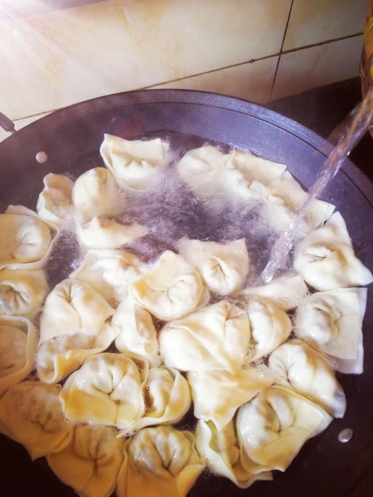 青菜猪肉饺子,水开后放入饺子煮沸，加凉开水三次，这样煮出来的饺子口感好