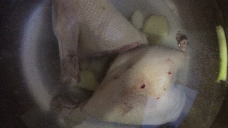 酸菜老鸭汤,鸭肉和葱姜蒜倒入锅中(鸭肉是用清水煮过一次的,把血水煮没了就行)