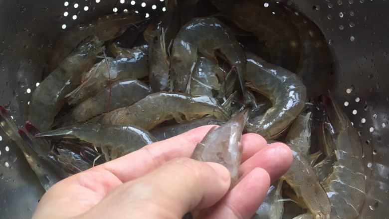 蒜蓉烤虾,基围虾背上剪一刀。用纯净水清洗干净,控干水份。