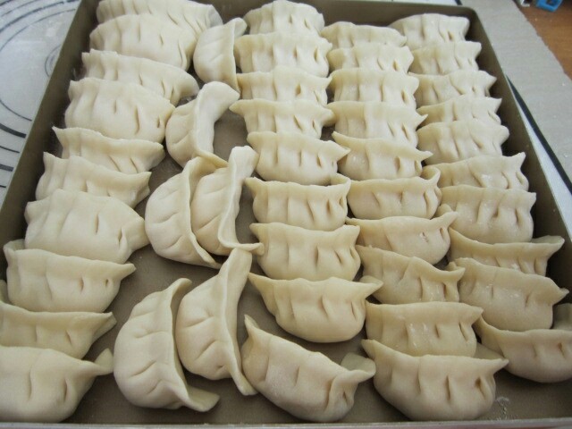 玉米猪肉水饺,包好摆入盘中,多包的可以放冰箱冷冻。