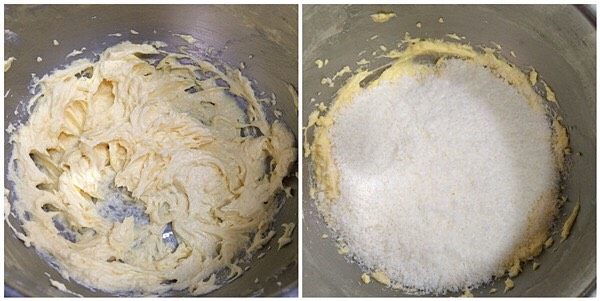 超软椰蓉面包,每一次搅打均匀再加入下一次鸡蛋液的量,接着加入60克的椰蓉,用刮刀拌匀。