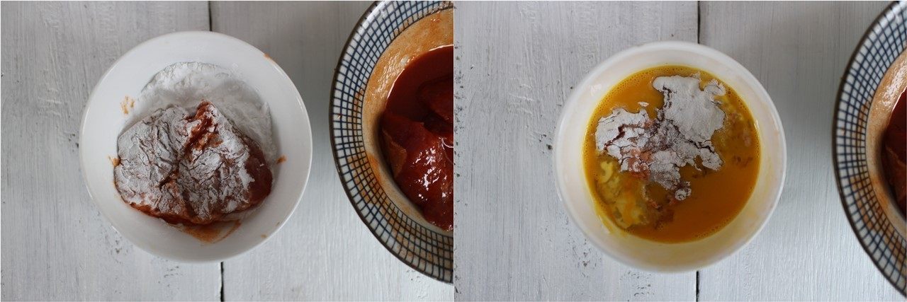 汉堡热狗,腌制好的猪肉放在生粉里裹一圈,然后在放到蛋液碗里裹一圈