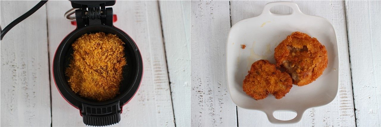 汉堡热狗,然后将裹满面包糠的猪肉放在里面监考。(所以肉一定要切的稍微薄点,比较容易熟),烤好的肉取出放在盘子里备用