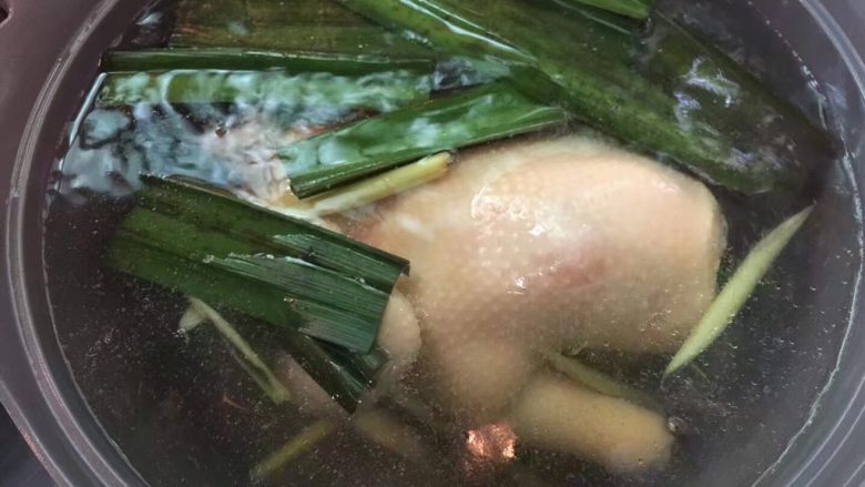 海南雞飯,將雞放入(湯要沒過雞)燙30秒左右