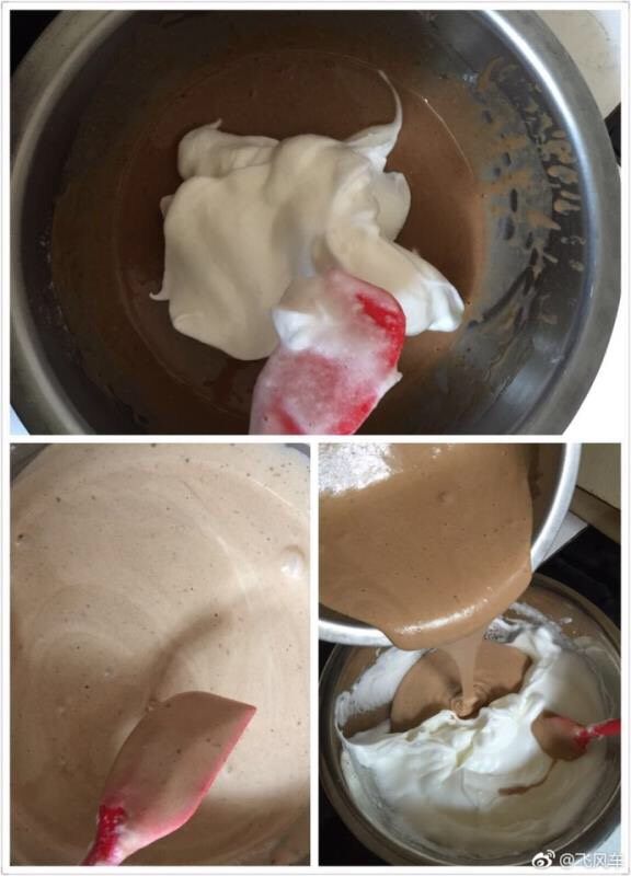 可可蛋糕卷,倒三分之一蛋白霜到面糊搅拌均匀,再把搅拌好的面糊倒入剩下的蛋白霜里进行搅拌,面糊倒入烤盘,从高处摔几下,震出气泡