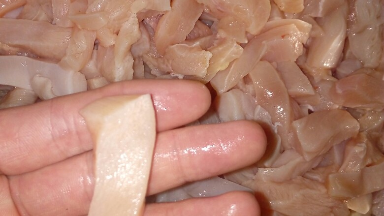 果香菠萝咕噜肉,把鸡脯肉切条（或块），冲水冲白
