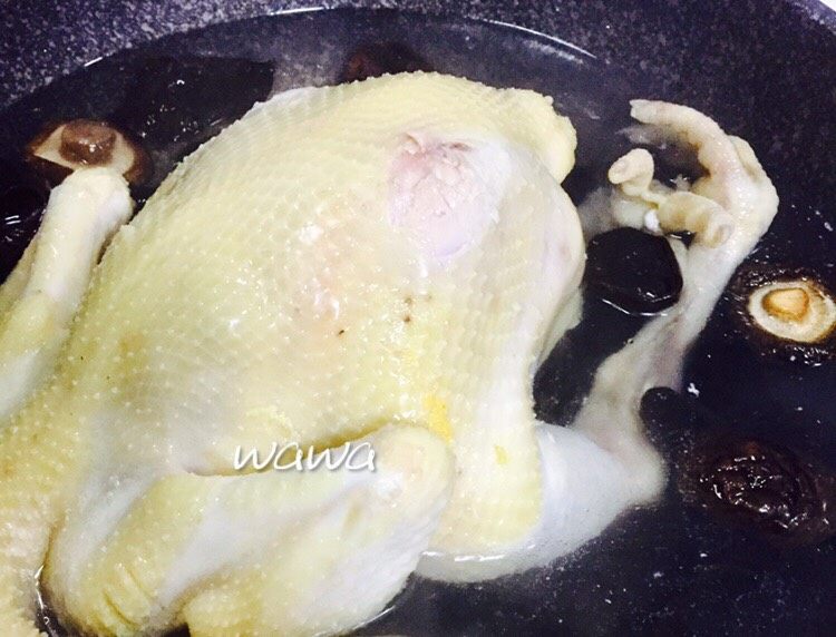 汤食美味—参鸡汤,水开后,将冷水洗过的鸡重新下锅,加入木耳、香菇
