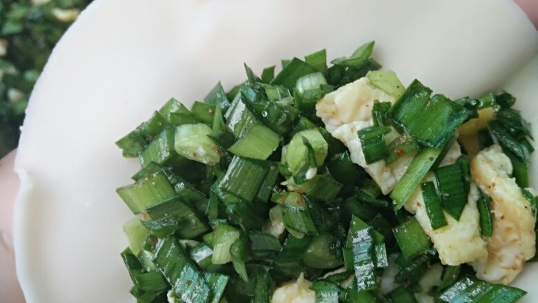 韭菜鸡蛋水饺,放入拌好的馅,