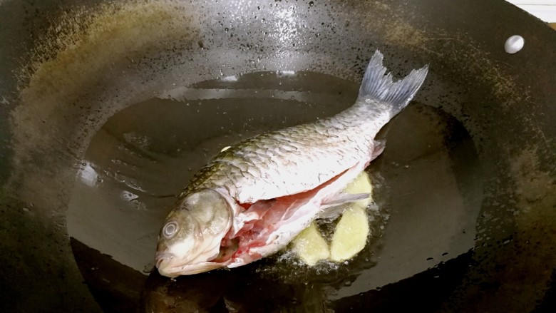 豆腐鲫鱼汤,倒入食油，鲫鱼滤干表面水分，摆入锅中，小火煎制。