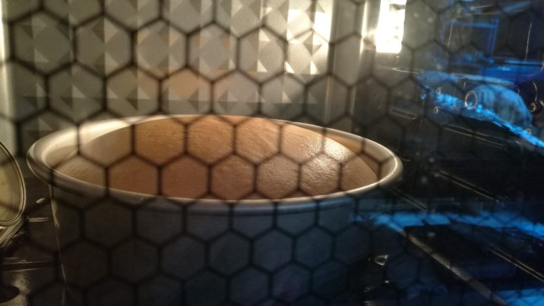 养生枸杞戚风蛋糕,快要烤好出炉的蛋糕,没有开裂。