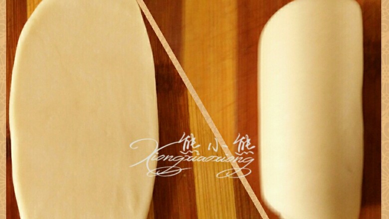 椒盐酥,取一个包好油酥的面团,按扁后再擀开,由下向上卷起来。(按包油酥的顺序拿取面团,包油酥需要些时间,最后一个包好,第一个也松弛了一定的时间了,所以不需要特意松弛了,从第一个开始擀卷)。