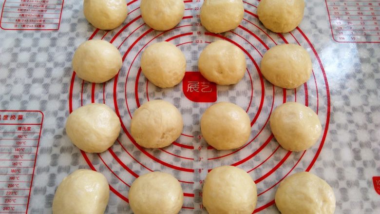 香软肉松牛奶排包,面团取出排气,平均分割成16个面团,滚圆,盖上保鲜膜静置10分钟