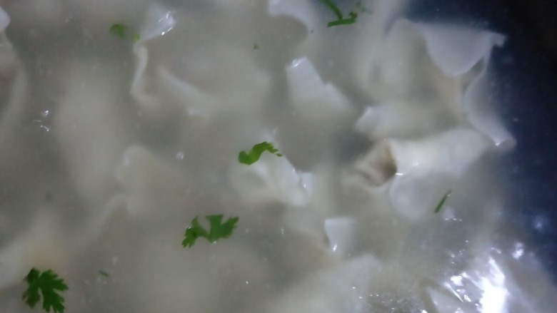 猪肉大葱馄饨,放入馄饨,烧开后添少许凉水,第二次开锅就熟了