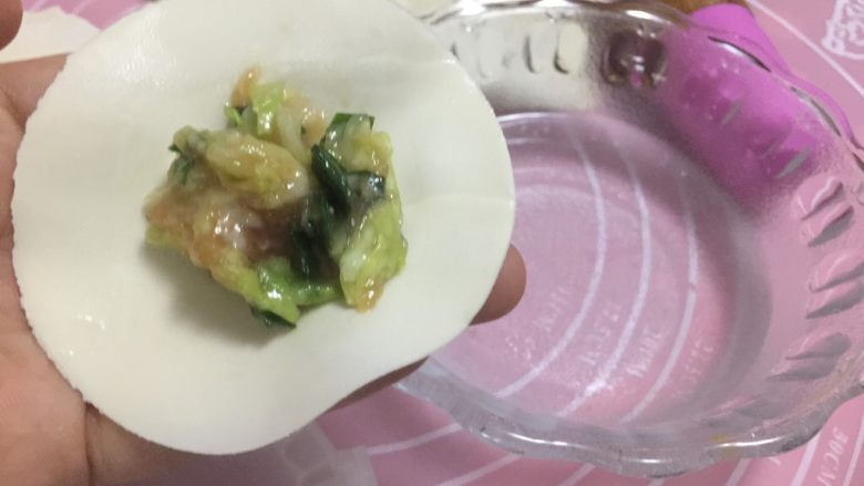 日式煎饺,包入馅料,在饺子皮周围沾上水,然后包上