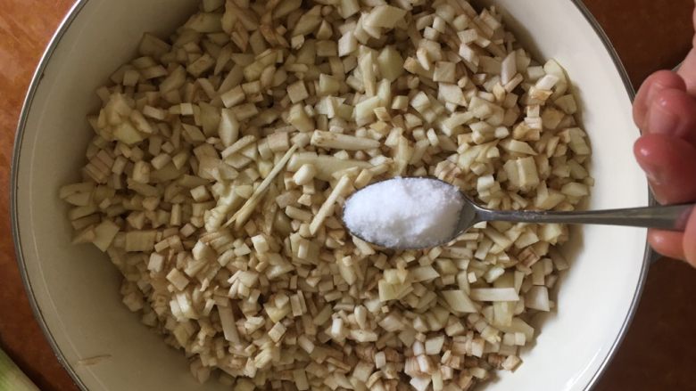 入伏饺子(茄子馅儿),两个大茄子切了一大盆 没关系 其实没多少 放盐现在 放6勺盐 别怕咸。茄子要杀水
