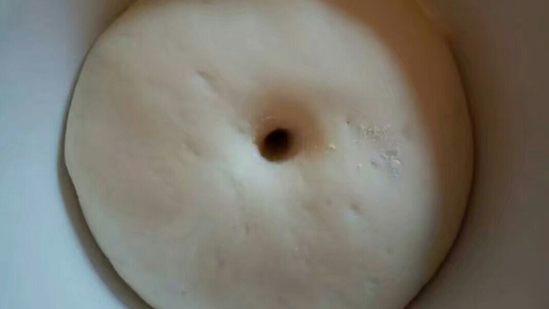 自制火腿肠披萨,发酵好的面团,手指可以沾一点干粉试一下,不塌不陷,说明发酵好了,(白白胖胖的,是不是很可爱)