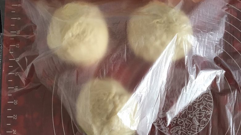 波兰种吐司,将面团取出,分成三份,揉圆,盖上保鲜袋,醒发15分钟。