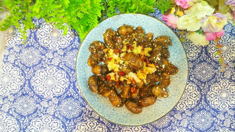 香炸金蝉子,装盘,放入辣椒姜蒜碎。