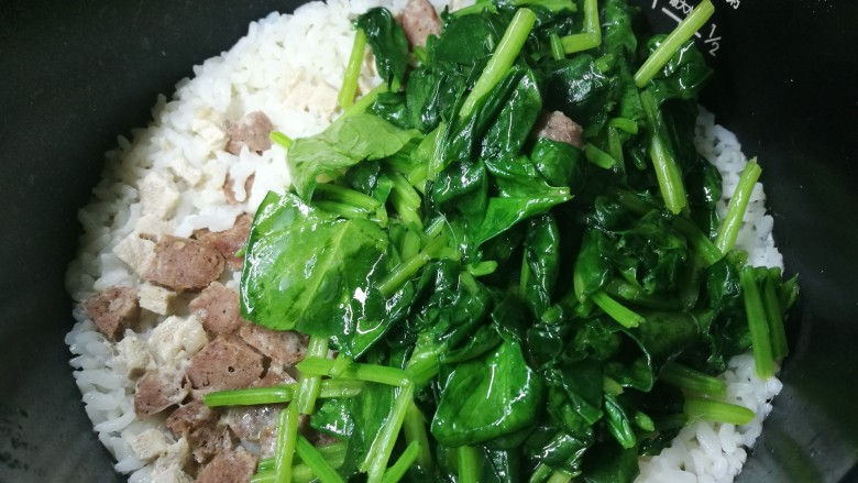 有菜有肉的菜饭,肉丁没和米饭一起蒸的,这时候可以先炒熟肉丁,再加入青菜,青菜炒到6分熟即可倒入米饭中。再盖饭煲盖子,利用米饭温度焖一会。最后把菜和饭翻拌均匀。