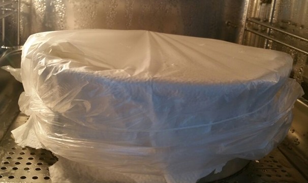 蒸斑斓椰香戚风蛋糕,再盖上保鲜膜,用一条粗线捆住模具,以免水珠掉进去,拿竹签戳穿保鲜膜,戳几个小孔透气,水烧开后,然后把模具放到锅里蒸26至30分钟左右,焖5分钟再揭开锅盖把蒸好的蛋糕拿出来。