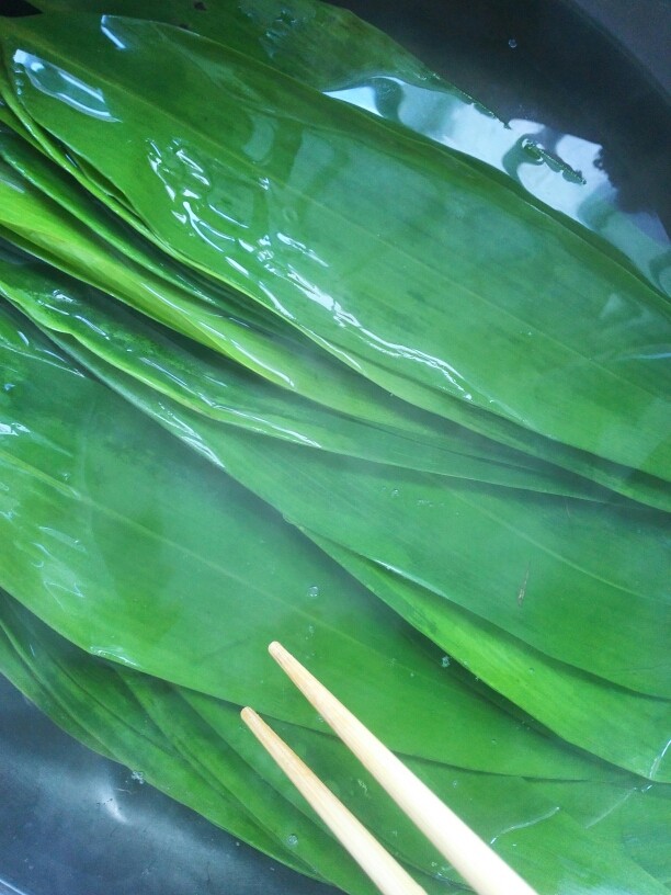 彩米花生香菇肉粽,洗<a style='color:red;display:inline-block;' href='/shicai/ 211314'>粽叶</a>,先用水煮开后,和开水一块倒入大盆里,再一页一页用干净的布洗干净。