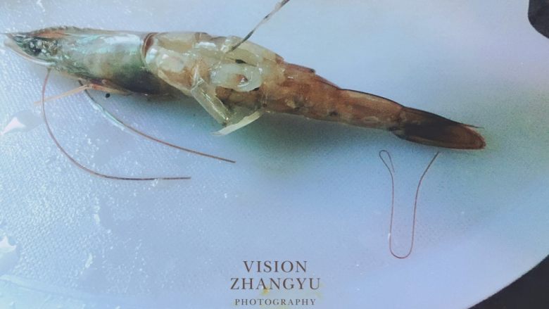 椒麻大虾,去虾线,按住尾巴部分轻轻将虾线拉出来。