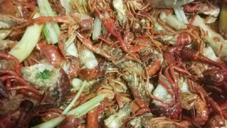 麻辣啤酒小龙虾,多点油,然后下刚才的佐料炒,再下龙虾爆炒。可以一直炒到龙虾全熟有味起锅。也可以像我喜欢加啤酒煨到龙虾入味