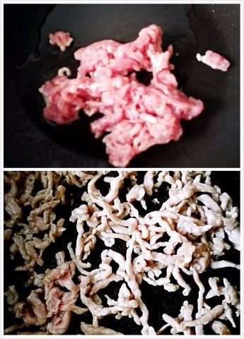 「Cathy边吃边营养」京酱肉丝东北版,热锅加适量油烧热,随后加入肉丝炒至变色