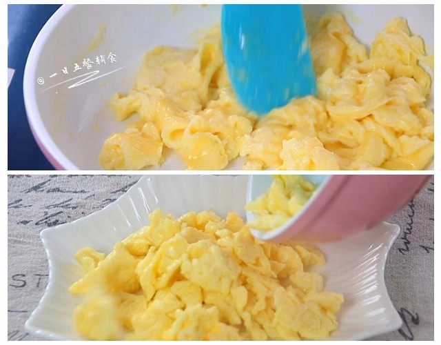 番茄鸡蛋馅饼,锅中放少许油,倒入鸡蛋液,用铲子快速搅拌,炒熟的鸡蛋盛出晾凉。
🌻小贴士:迅速划散可使炒出来的鸡蛋成均匀的小块。炒熟的鸡蛋放一边晾凉。