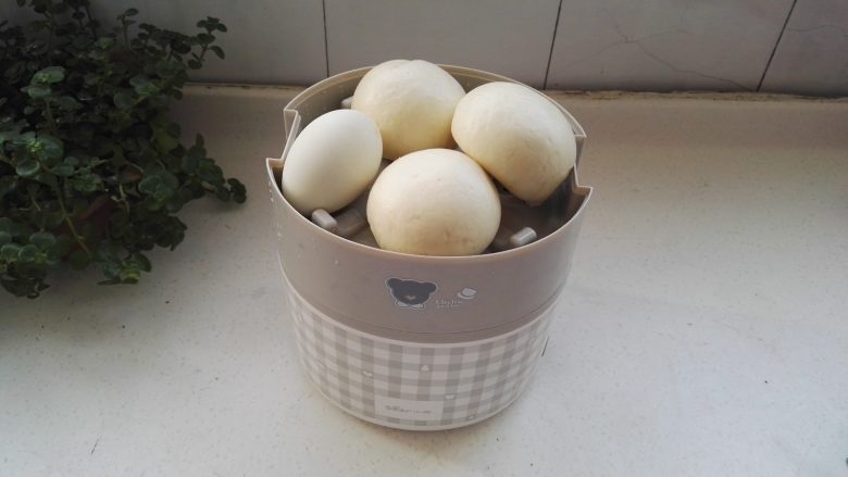 红枣小米粥 ,把不锈钢容器放入饭盒机体内,放上中间格层,把馒头和洗净的咸鸭蛋放入,盖上盖,两边扣上。