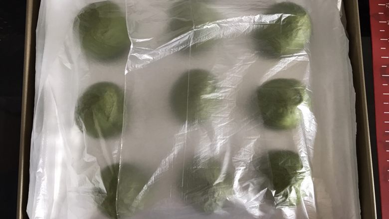墨西哥抹茶蜜豆面包,发酵好的面团取出,压扁排气,平均分成9份,揉圆,盖上保鲜袋醒发20-30分钟。