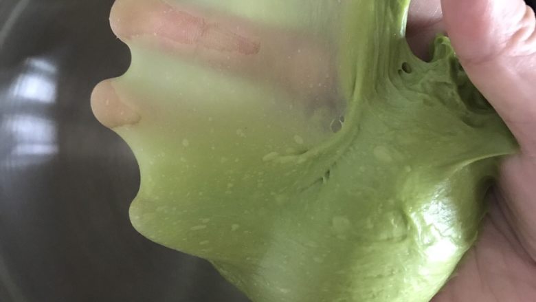 墨西哥抹茶蜜豆面包,揉至完全扩展阶段,可拉出薄膜,破洞周围光滑