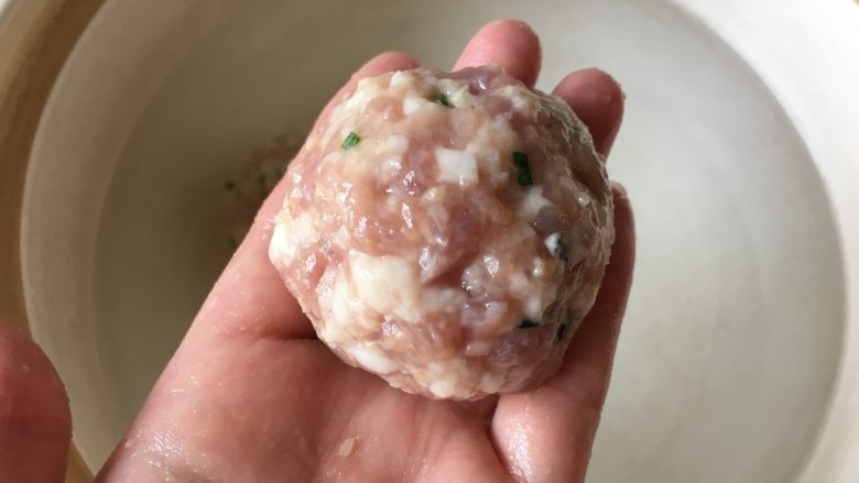 清炖狮子头,砂锅中倒入半锅清水,再将水烧热,大概50度左右关火(这样有利于肉丸下锅后能快速定型,不易散开)。抓取一些肉馅,用俩手来回团成一个既圆又光滑的
