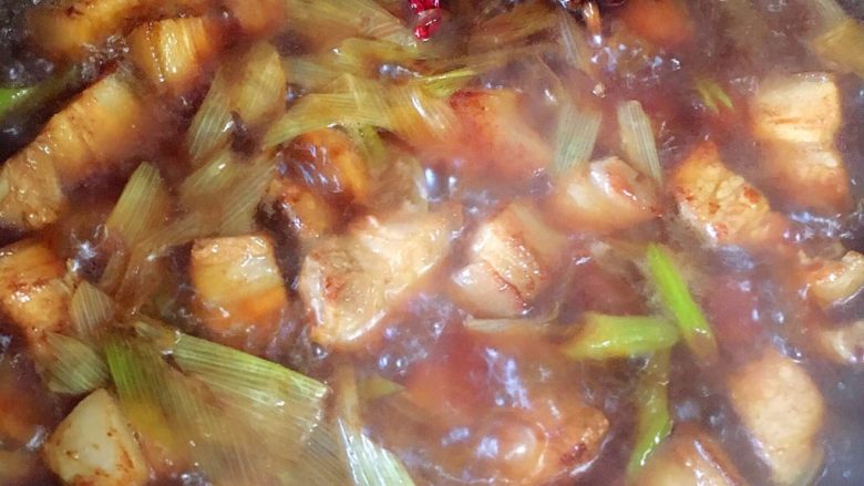 少油的红烧肉,煮至沸腾后转中火盖好锅盖,20分钟后看一下汤汁,若汤汁太少可在加适量热水一定是热水哦小可爱们。不要频繁揭开锅盖,这样会导致肉的油脂流入汤中。