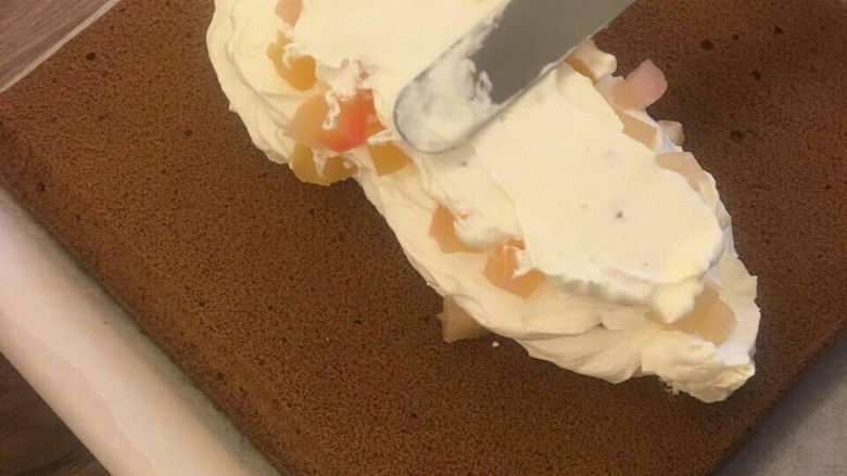 卡通可爱彩绘蛋糕卷,进入烤箱上下火170度20min。
烤好之后,加入奶油和水果粒卷起来即可